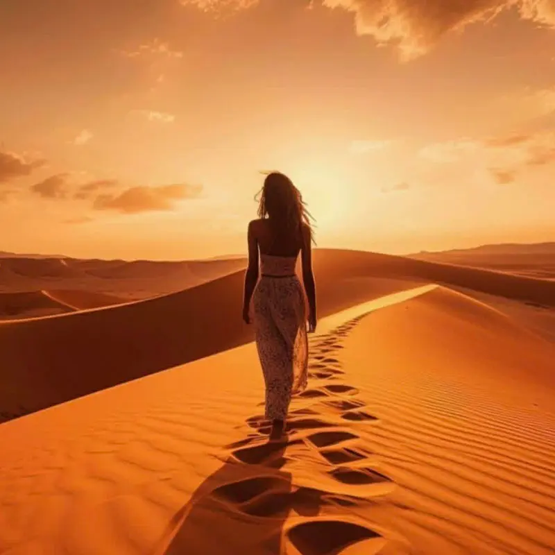 voyage maroc femme marchant dunes sable desert